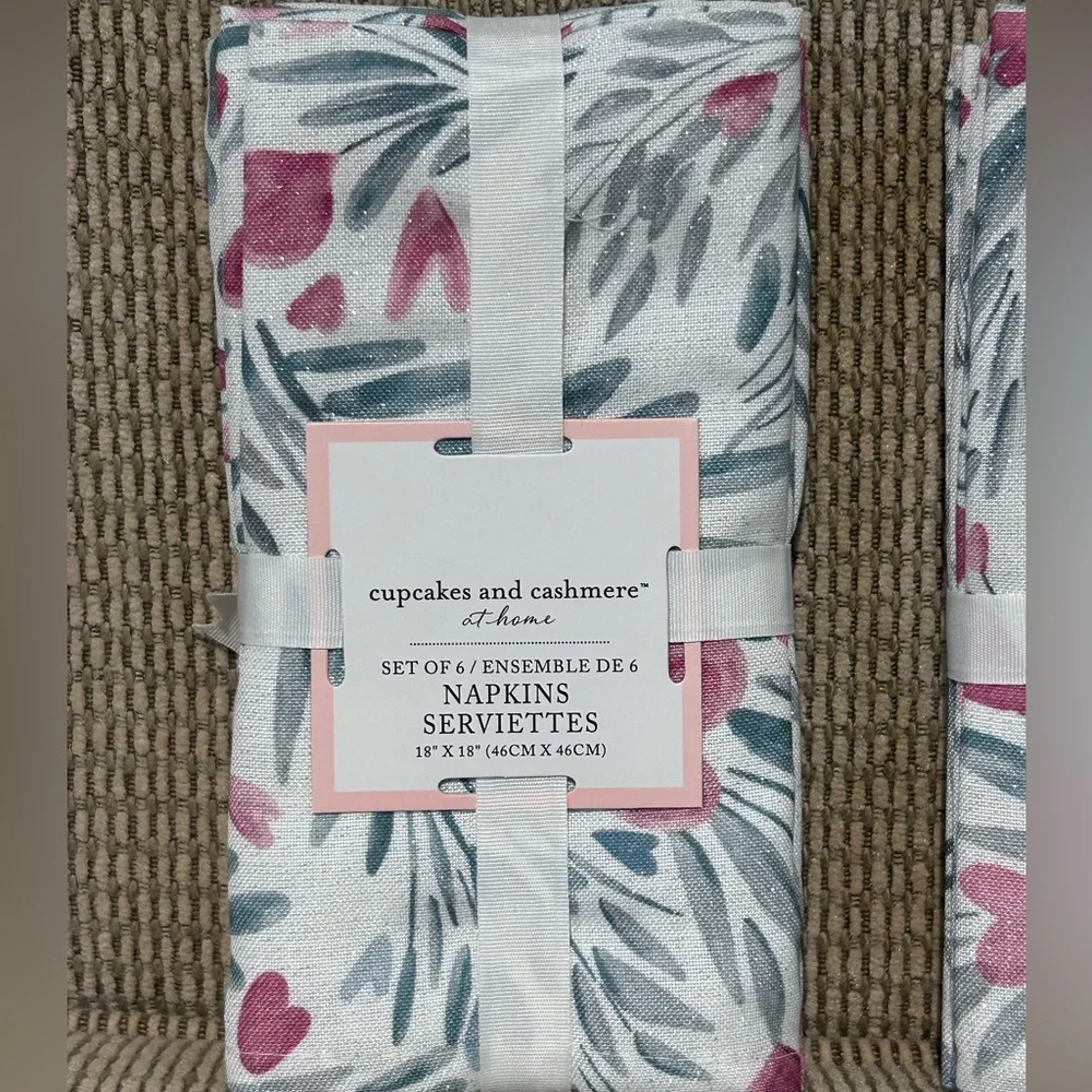 2 Packs Of 6 CUPCAKES & CASHMERE Glittery Cherry Heart Linen Table Napkins